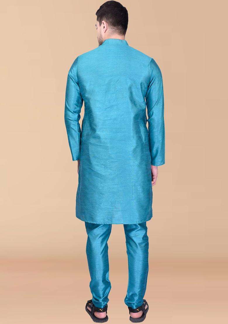 Blue Solid Silk Blend Kurta Set For Men - Indya