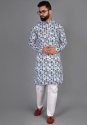 Blue Printed Cotton Kurta Set For Men