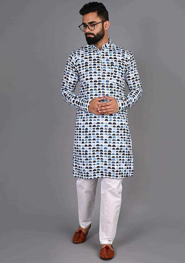 Blue Printed Cotton Kurta Set For Men - Indya