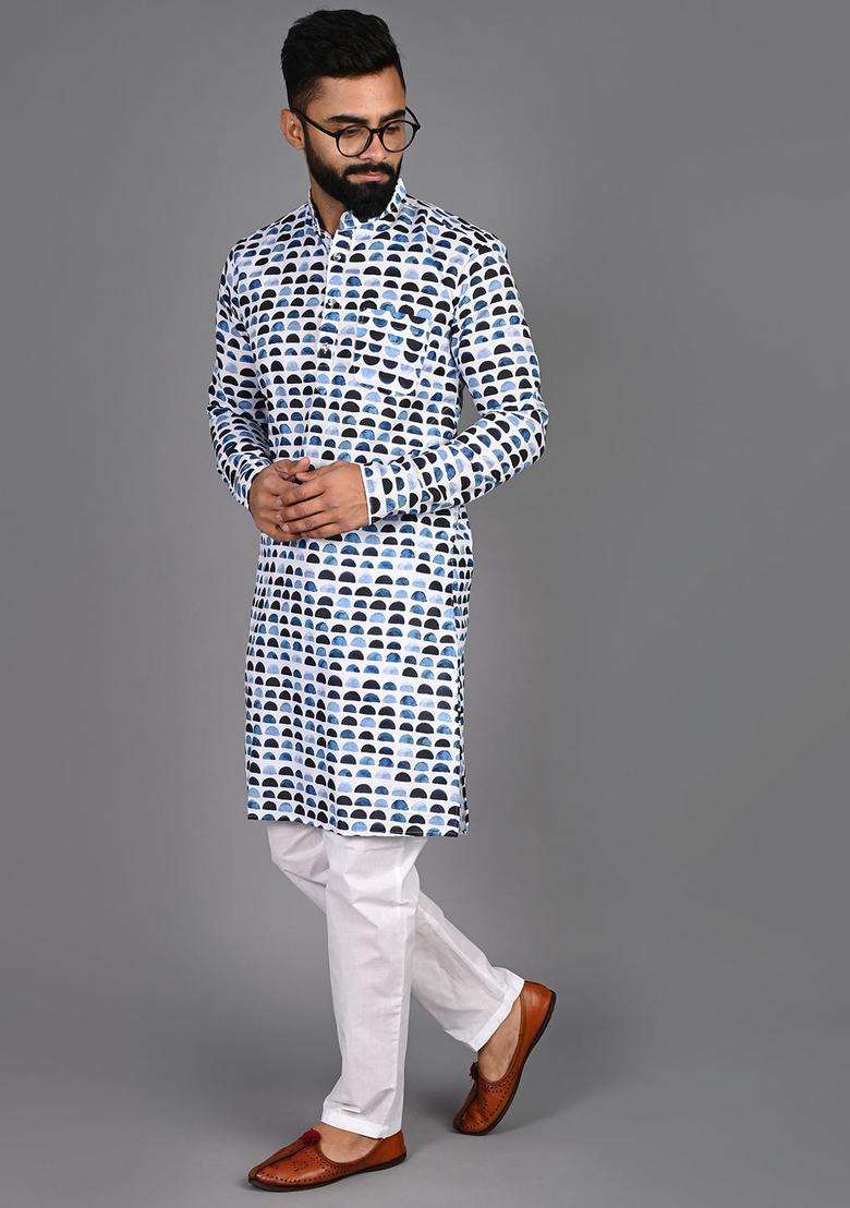 Blue Printed Cotton Kurta Set For Men - Indya