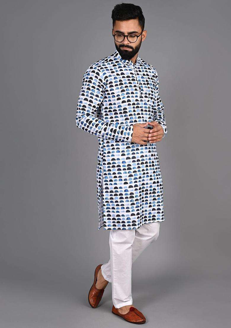 Blue Printed Cotton Kurta Set For Men - Indya