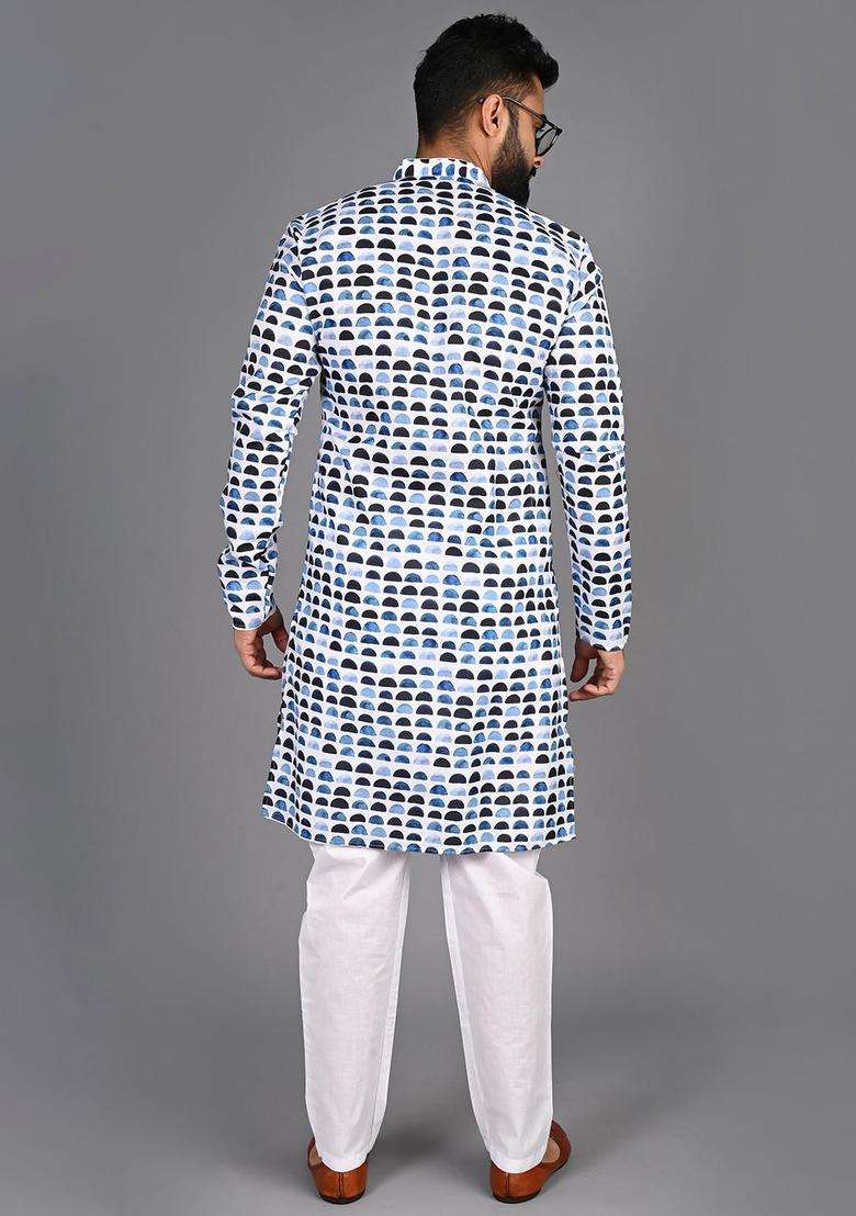 Blue Printed Cotton Kurta Set For Men - Indya