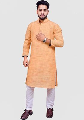 Peach Solid Cotton Kurta Set For Men