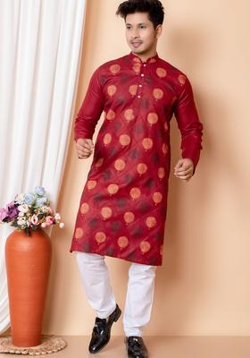 Maroon Printed Cotton Kurta Set For Men