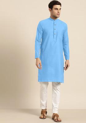 Blue Solid Cotton Kurta Set For Men