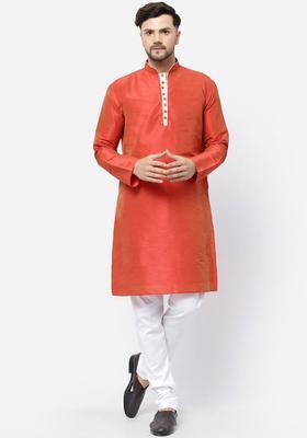 Orange Solid Silk Kurta Set For Men