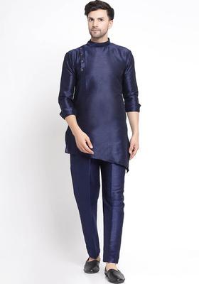 Navy Blue Solid Silk Kurta Set For Men