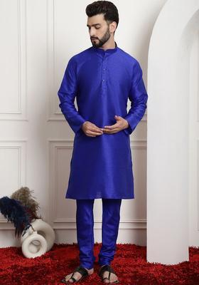Navy Blue Solid Silk Kurta Set For Men