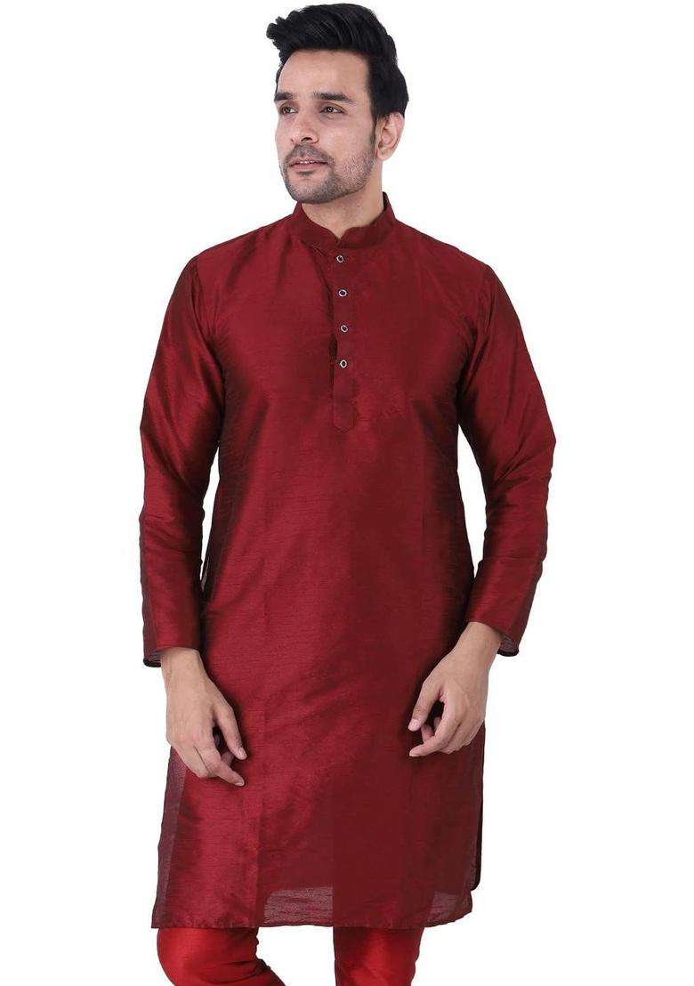 Maroon Solid Silk Blend Kurta Set For Men - Indya