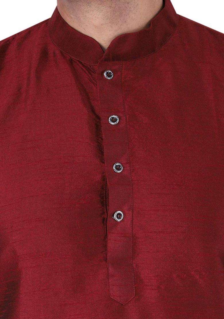 Maroon Solid Silk Blend Kurta Set For Men - Indya
