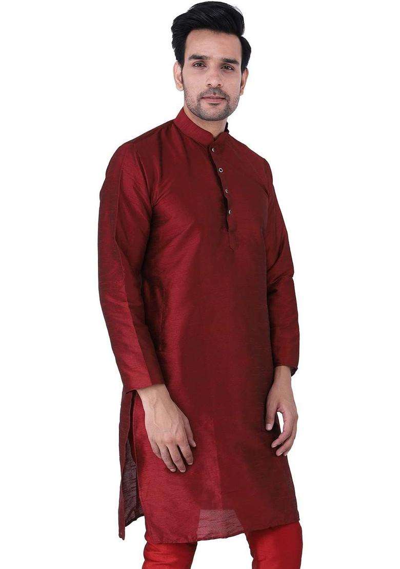 Maroon Solid Silk Blend Kurta Set For Men - Indya