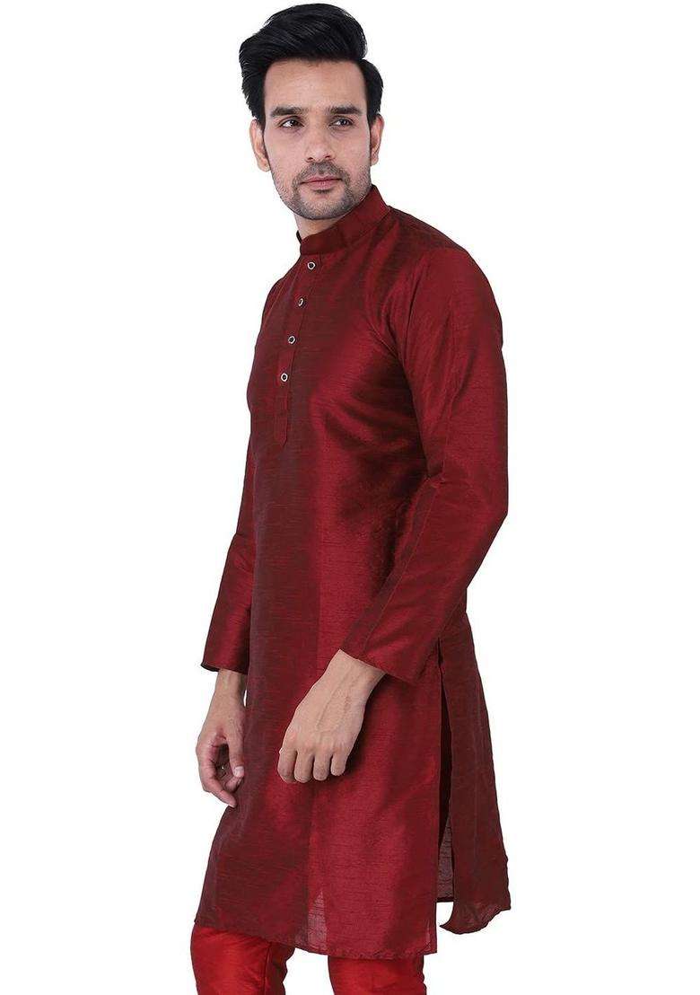 Maroon Solid Silk Blend Kurta Set For Men - Indya