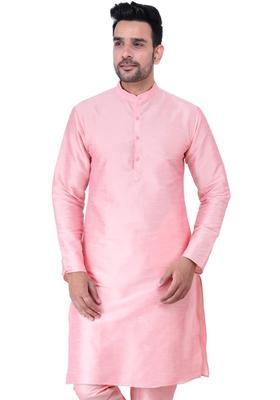 Pink Solid Silk Kurta Set For Men