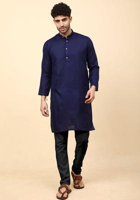 Navy Blue Solid Cotton Kurta Set For Men
