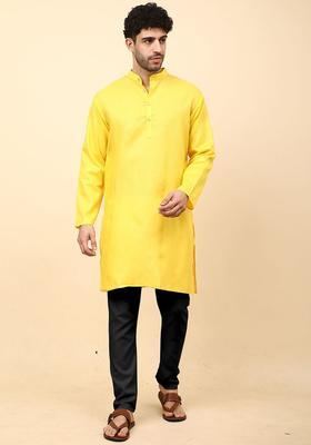 Yellow Solid Cotton Kurta Set For Men