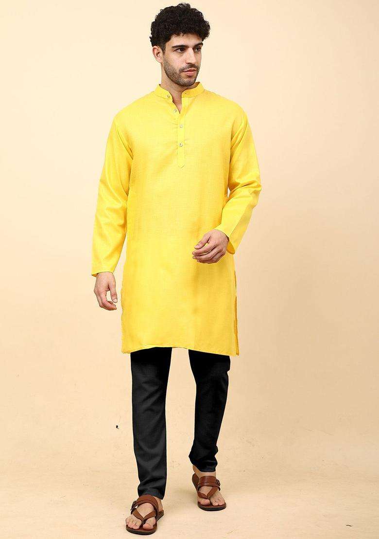 Yellow Solid Cotton Kurta Set For Men - Indya
