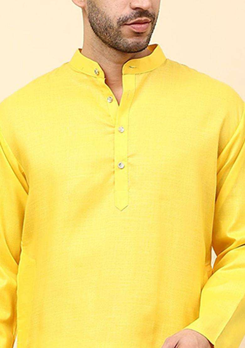 Yellow Solid Cotton Kurta Set For Men - Indya