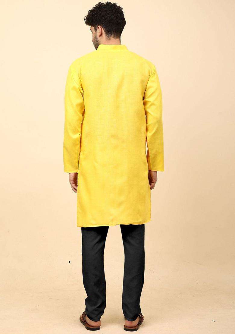 Yellow Solid Cotton Kurta Set For Men - Indya