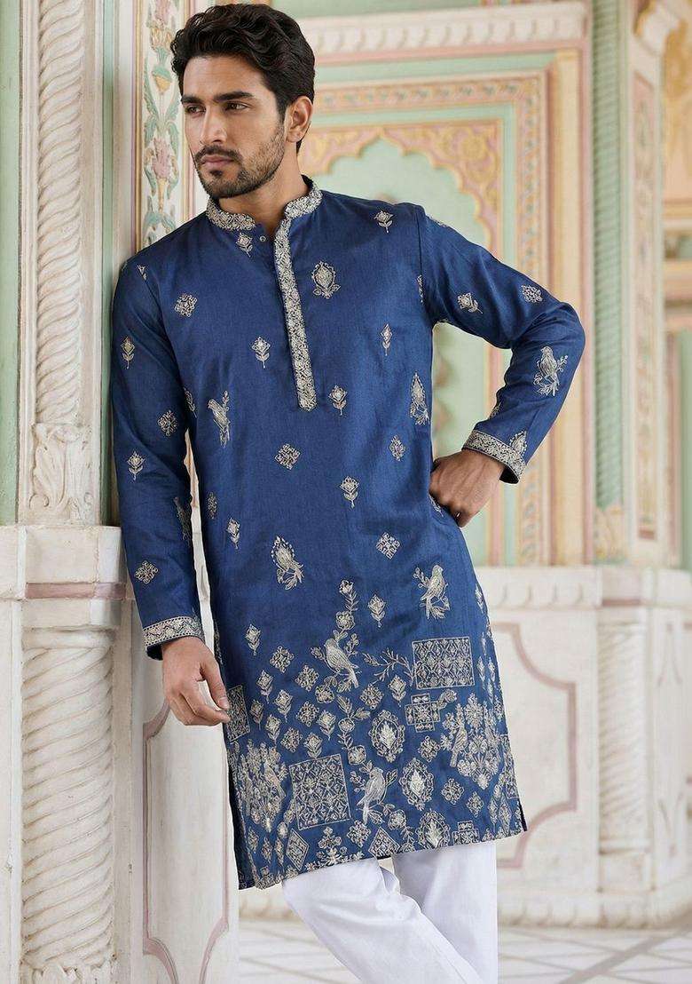 Navy Blue Embroidered Silk Blend Kurta Set For Men - Indya