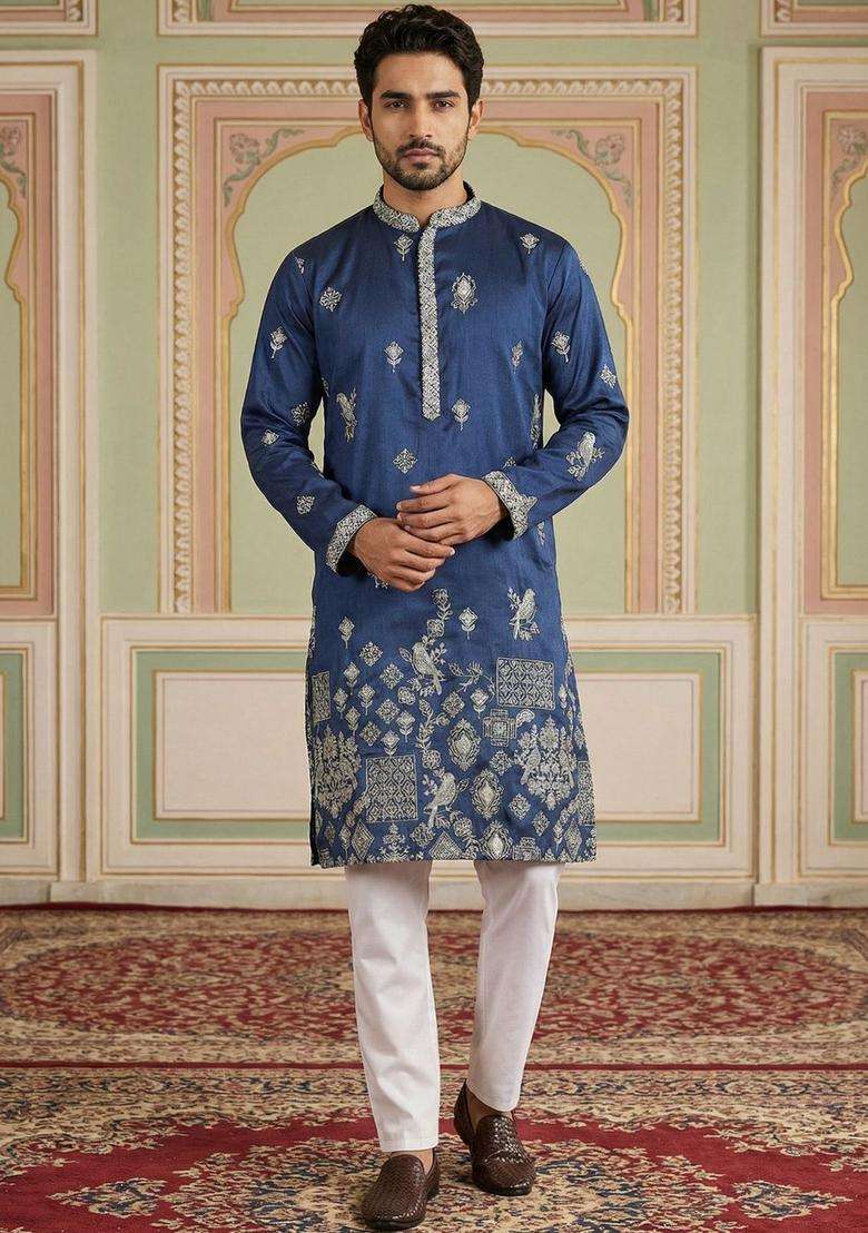 Navy Blue Embroidered Silk Blend Kurta Set For Men - Indya