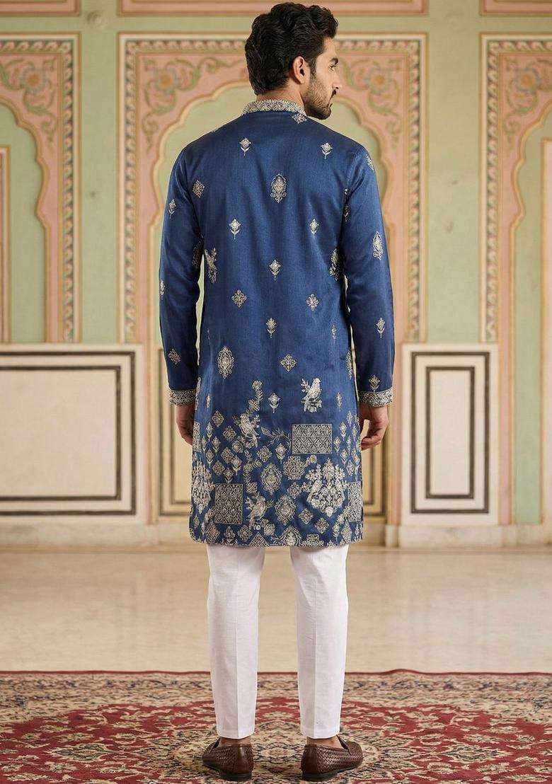 Navy Blue Embroidered Silk Blend Kurta Set For Men - Indya