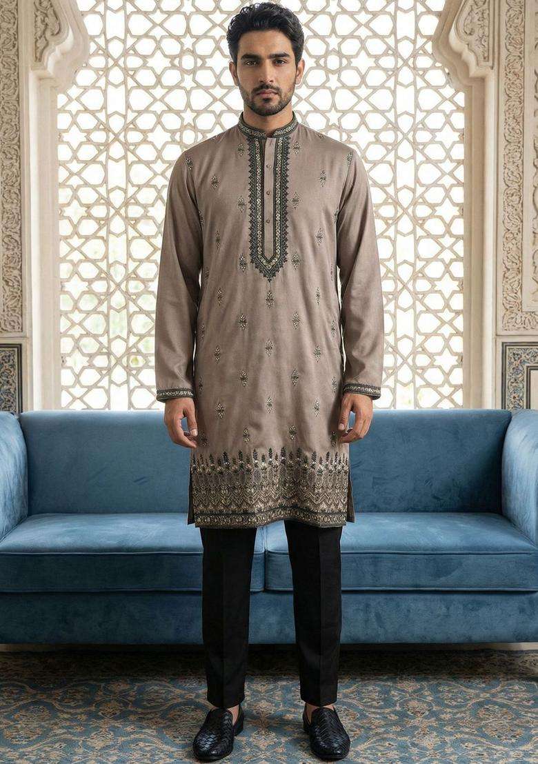 Taupe Embroidered Silk Blend Kurta Set For Men - Indya