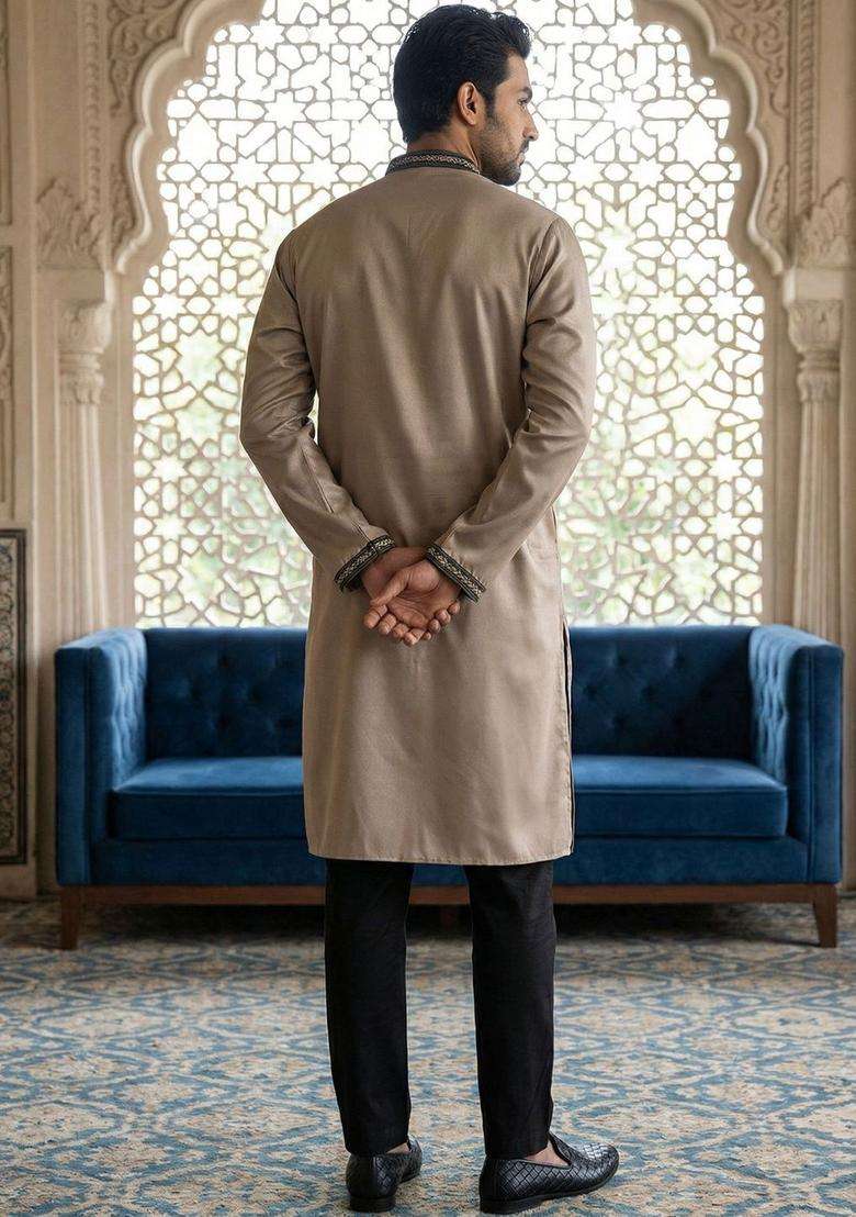 Taupe Embroidered Silk Blend Kurta Set For Men - Indya