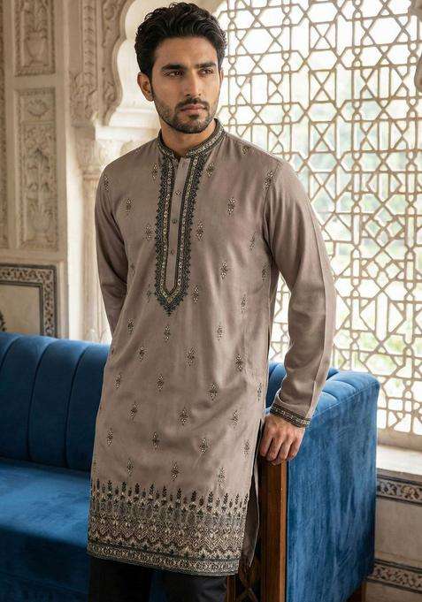 Taupe Embroidered Silk Blend Kurta Set For Men