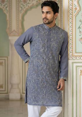 Blue Embroidered Silk Kurta Set For Men