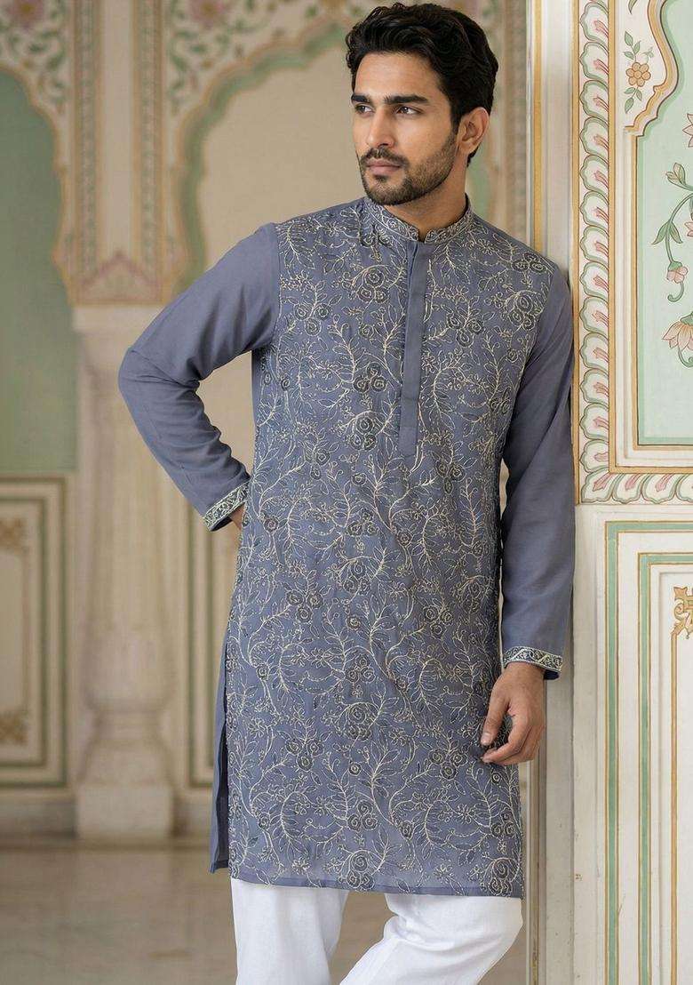 Blue Embroidered Silk Blend Kurta Set For Men - Indya