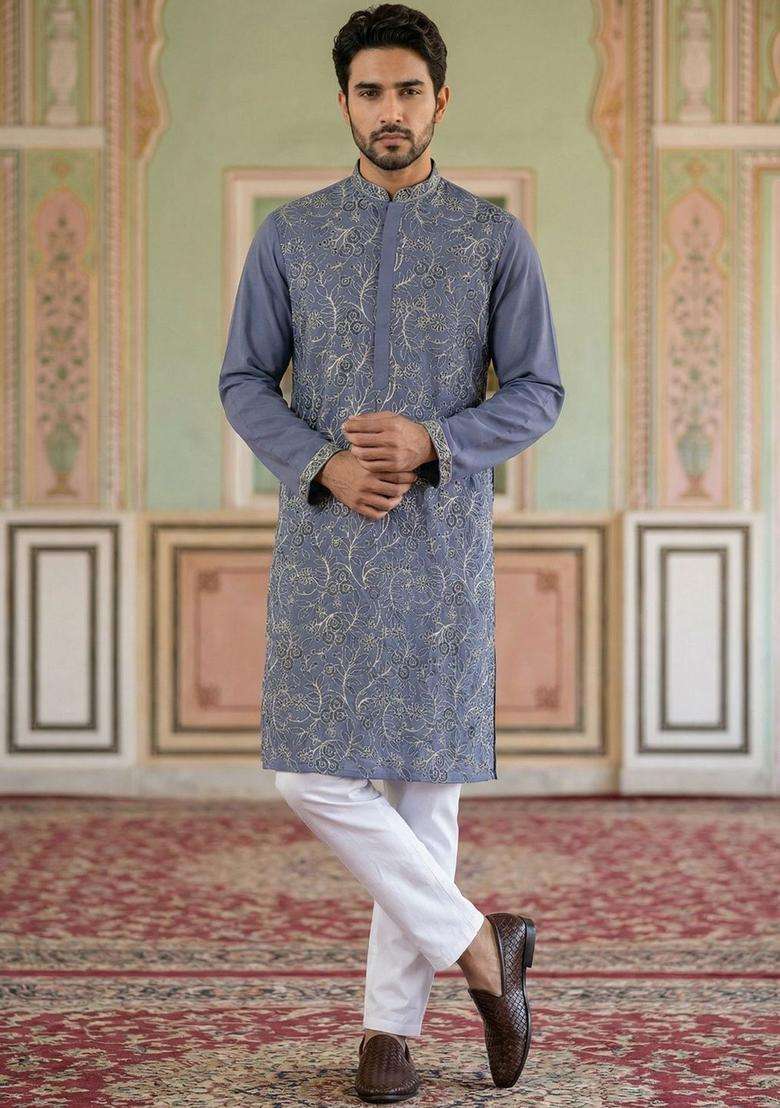 Blue Embroidered Silk Blend Kurta Set For Men - Indya