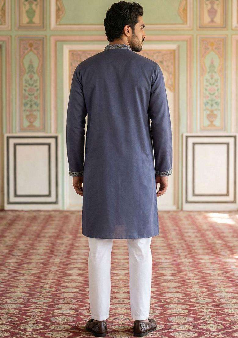 Blue Embroidered Silk Blend Kurta Set For Men - Indya