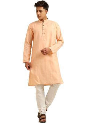 Peach Solid Cotton Kurta Set For Men