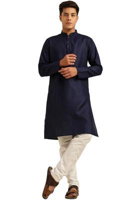 Navy Blue Solid Cotton Kurta Set For Men