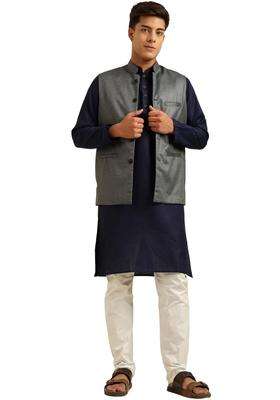 Navy Blue Solid Viscose Kurta Set For Men