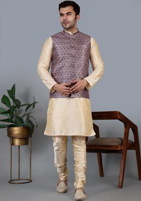 Beige Solid Silk Kurta Set For Men