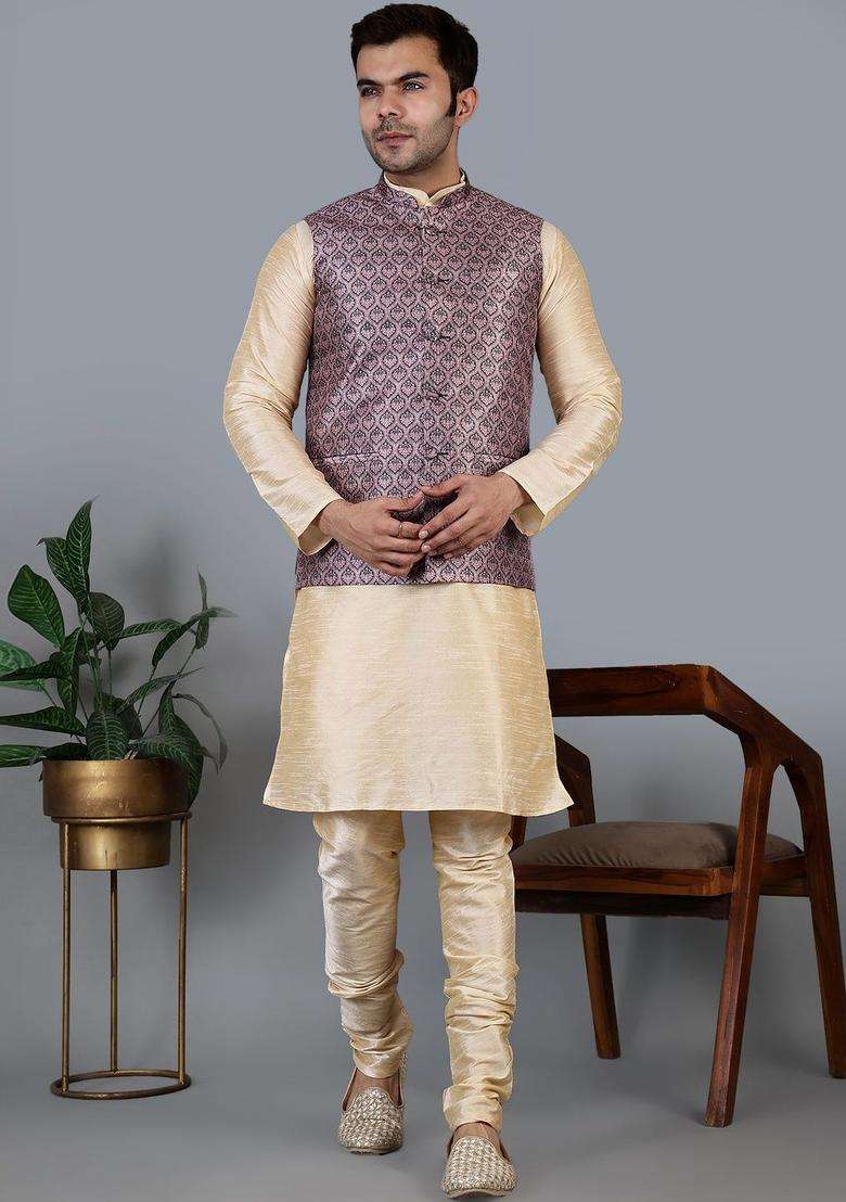 Beige Solid Silk Blend Kurta Set For Men - Indya