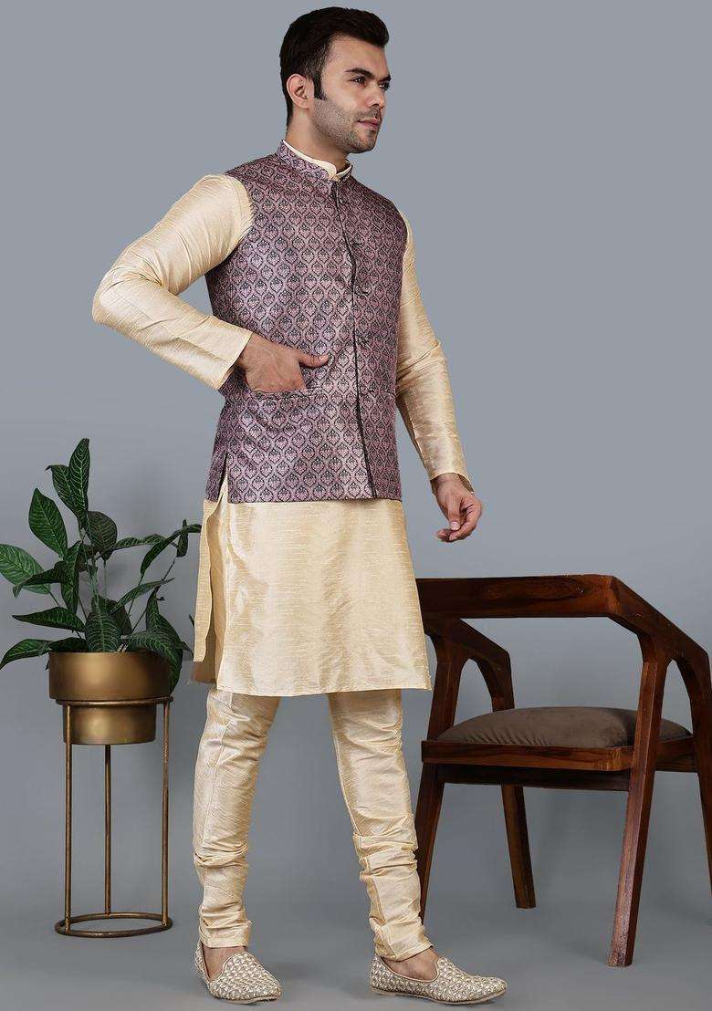 Beige Solid Silk Blend Kurta Set For Men - Indya