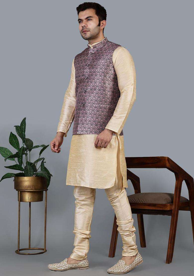 Beige Solid Silk Blend Kurta Set For Men - Indya