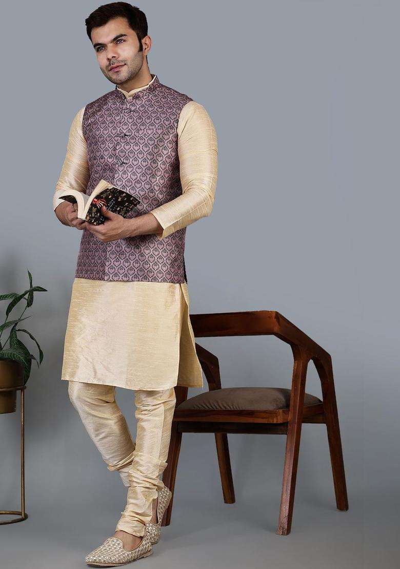 Beige Solid Silk Blend Kurta Set For Men - Indya