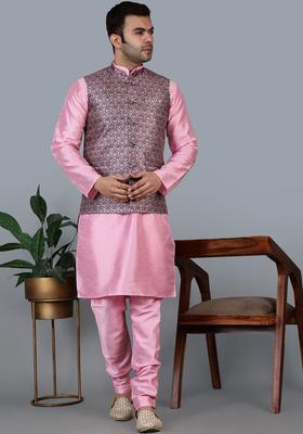 Pink Solid Silk Kurta Set For Men