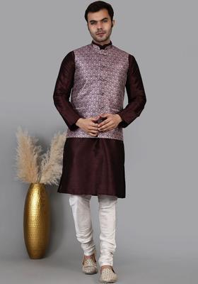 Maroon Solid Silk Kurta Set For Men