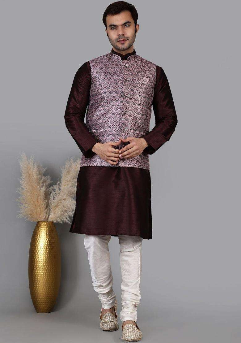 Maroon Solid Silk Blend Kurta Set For Men - Indya