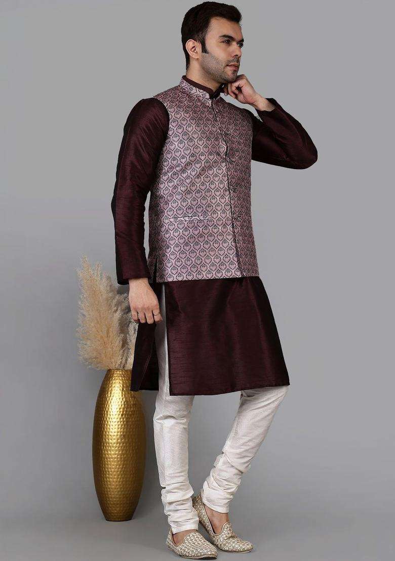 Maroon Solid Silk Blend Kurta Set For Men - Indya