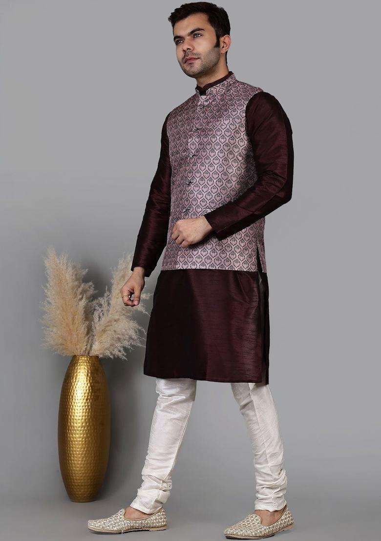 Maroon Solid Silk Blend Kurta Set For Men - Indya