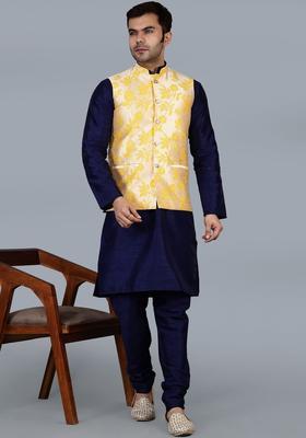 Navy Blue Solid Silk Kurta Set For Men