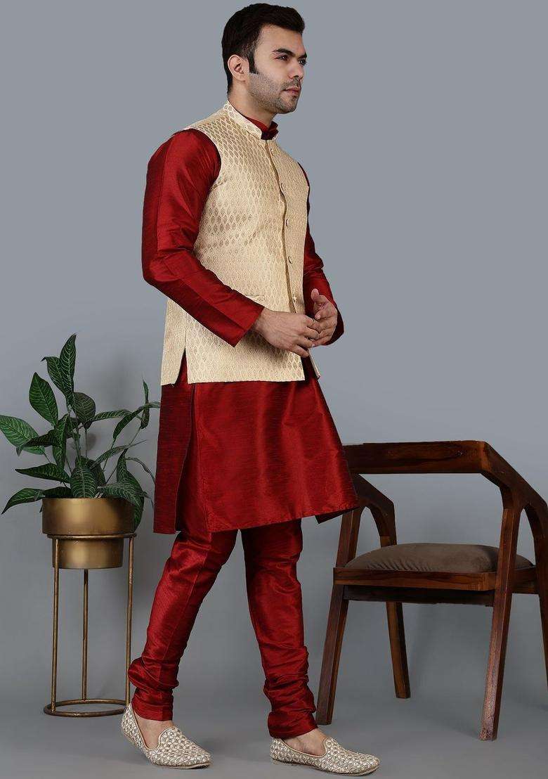 Maroon Solid Silk Blend Kurta Set For Men - Indya