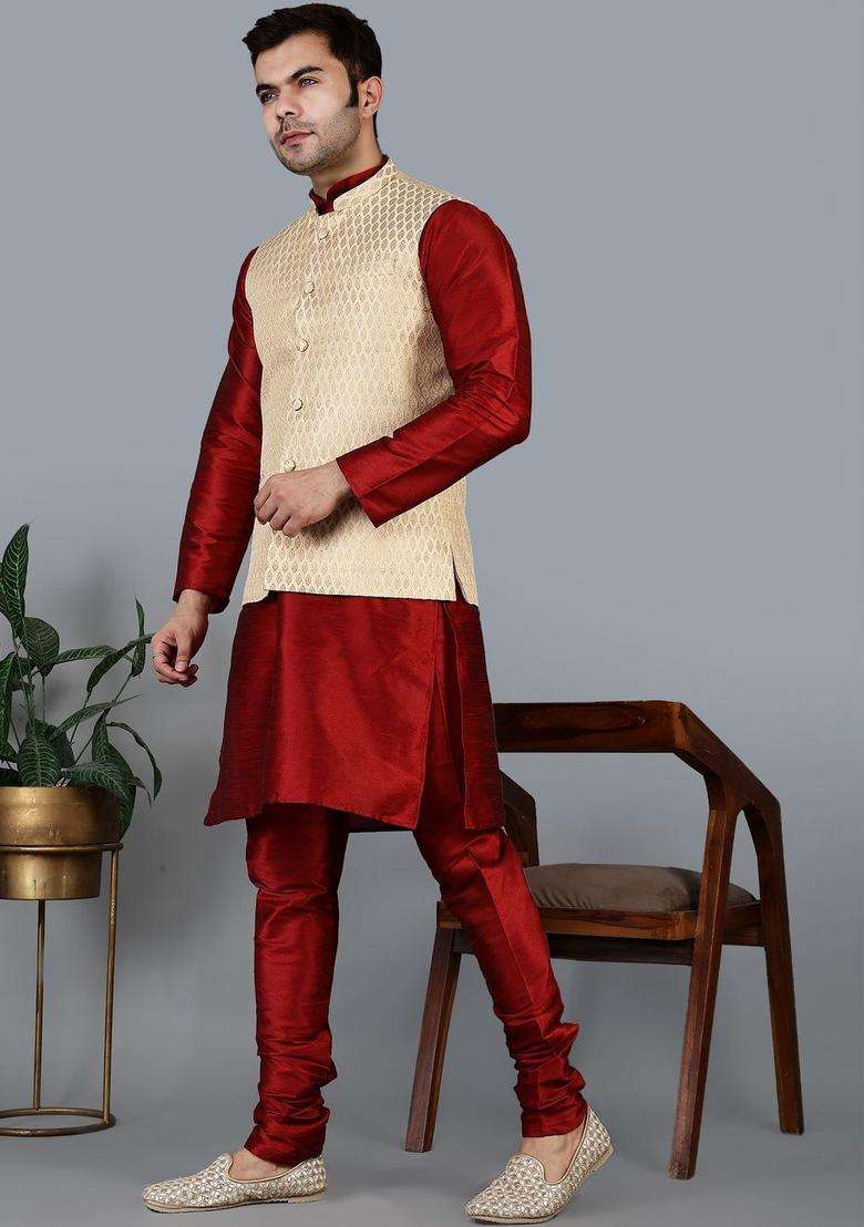 Maroon Solid Silk Blend Kurta Set For Men - Indya