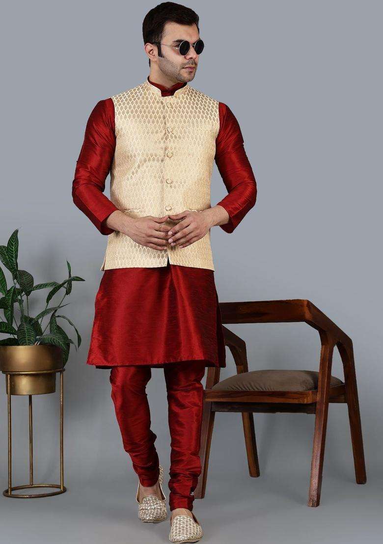 Maroon Solid Silk Blend Kurta Set For Men - Indya
