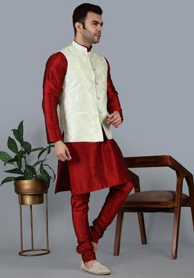 Maroon Solid Silk Kurta Set For Men